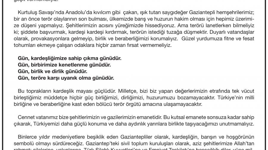 GAZİANTEP TERÖRE KARŞI TEK SES OLDU…