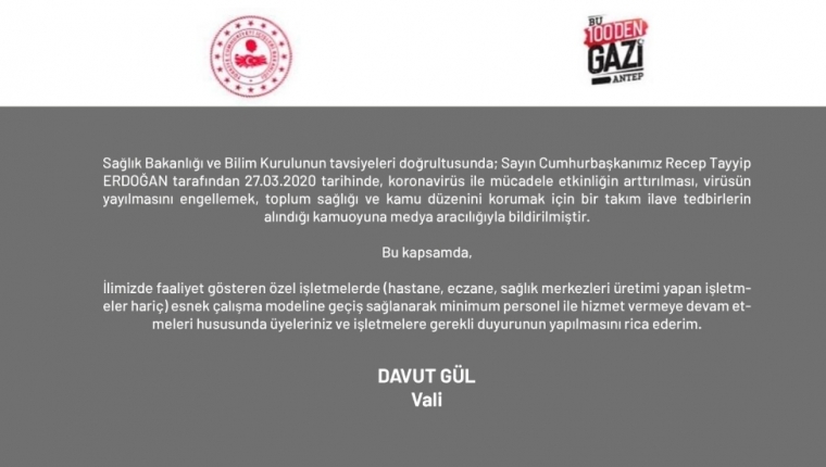GAZİANTEP VALİLİĞİNDEN ESNEK ÇALIŞMA MODELİ HAKKINDA AÇIKLAMA