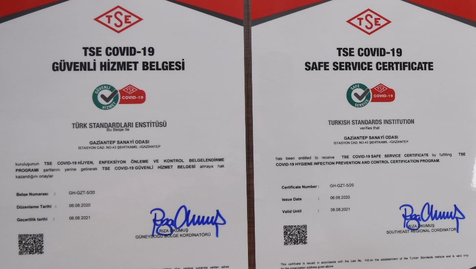 GAZİANTEP SANAYİ ODASI ‘COVID-19 GÜVENLİ HİZMET BELGESİ’ ALDI