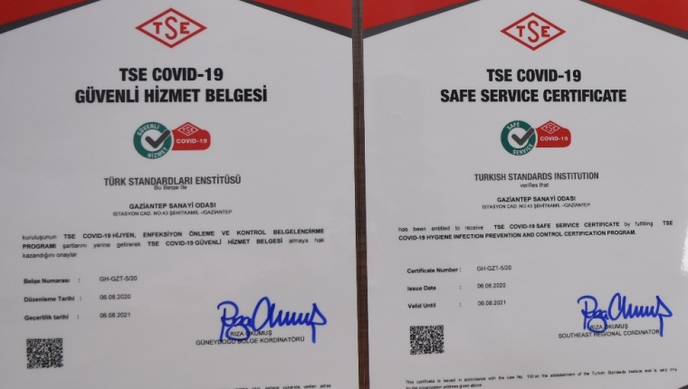 GAZİANTEP SANAYİ ODASI ‘COVID-19 GÜVENLİ HİZMET BELGESİ’ ALDI