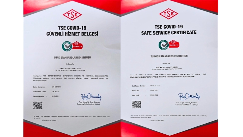 GAZIANTEP CHAMBER OF INDUSTRY RENEWED THE COVID-19 SAFE SERVICE CERTIFICATE